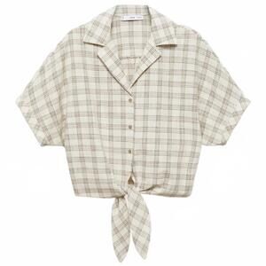 Mango Gingham Check Crop Shirt Top Ecru Beige Tan NWT Size 4/Small